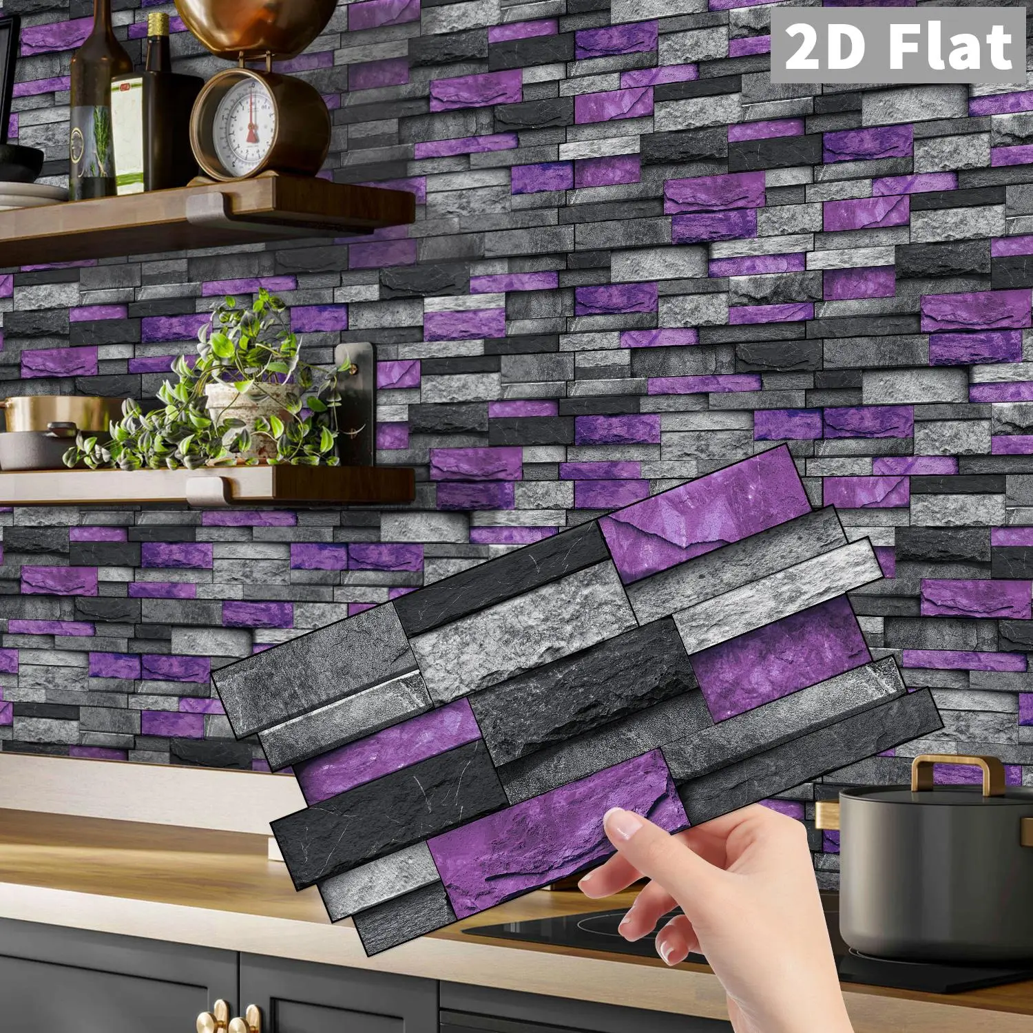 12/24/48 Sheets Classic Purple Gray Self-Adhesive Tile Sticker Backsplash Wall Sticker, Decorative Wall Sticker, Striped Marble Vinyl Bathroom Kitchen Home Decor DIY Seamless Splicing Sticker, Sticker Tiles, Stain-Proof, Easy Install, Vinyl Wall Stickers