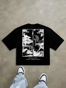 Summer New Fuji Mountain Crane Print T-Shirt, Japanese Ukiyo-E Manga Style, Loose Shoulder Unisex Short Sleeve, Casual Fit