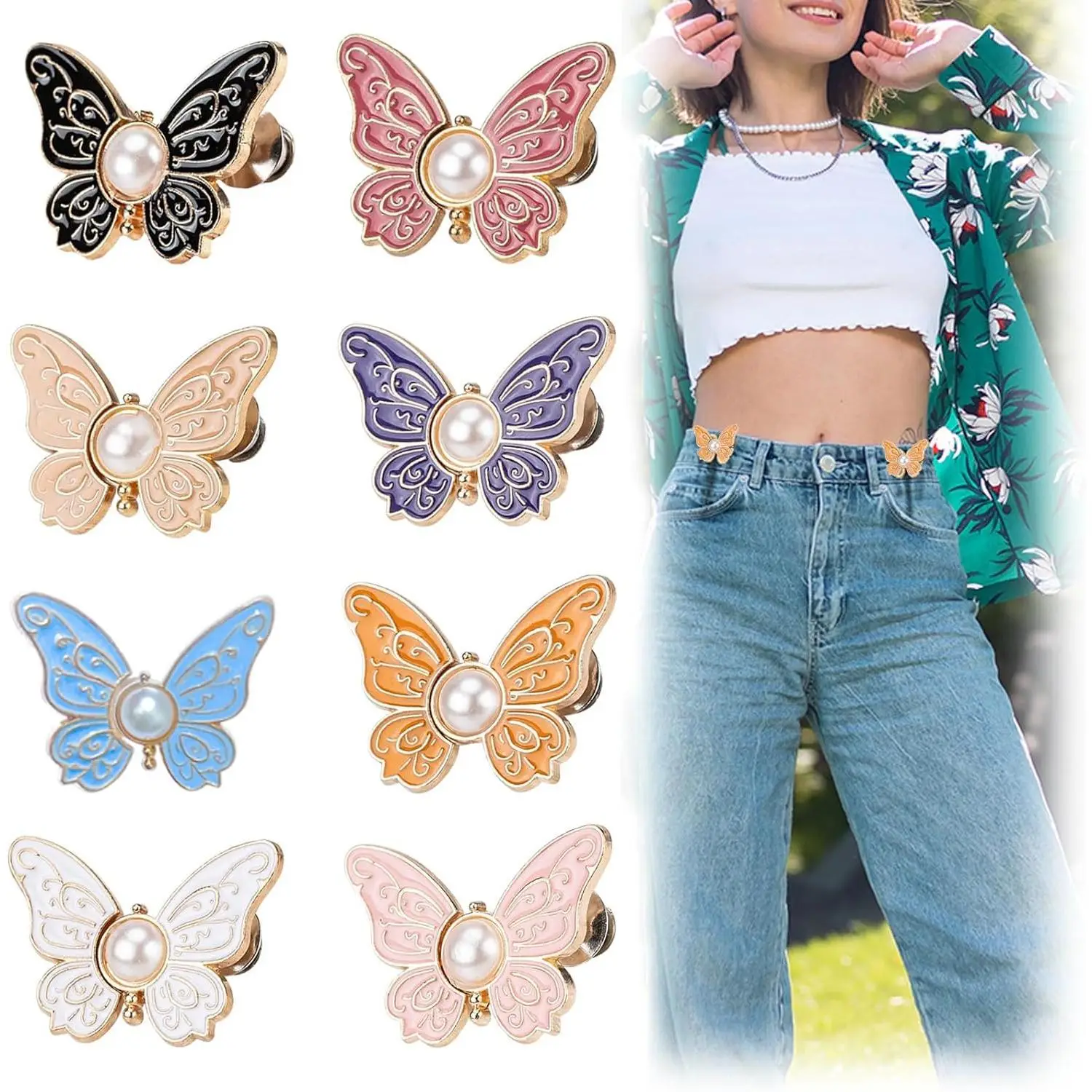 6 pcs Pant Waist Tightener, Detachable Butterfly Jean Buttons Pant Waist Tightener for Loose Jeans, Adjustable Waist Buckle Sets No Sew and No Tools D