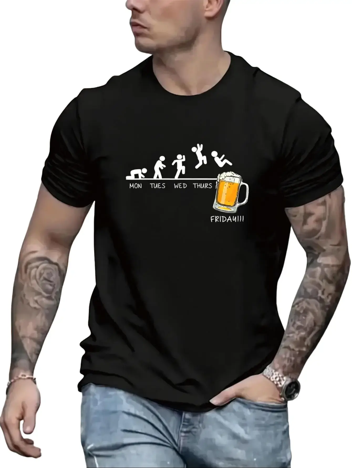 Men's Graphic Tee - Funny Weekday Evolution Colorful Print, Short Sleeve Ribbed Round Neck Knit Cotton, Breathable Casual Office Worker Minimalist Menswear Top