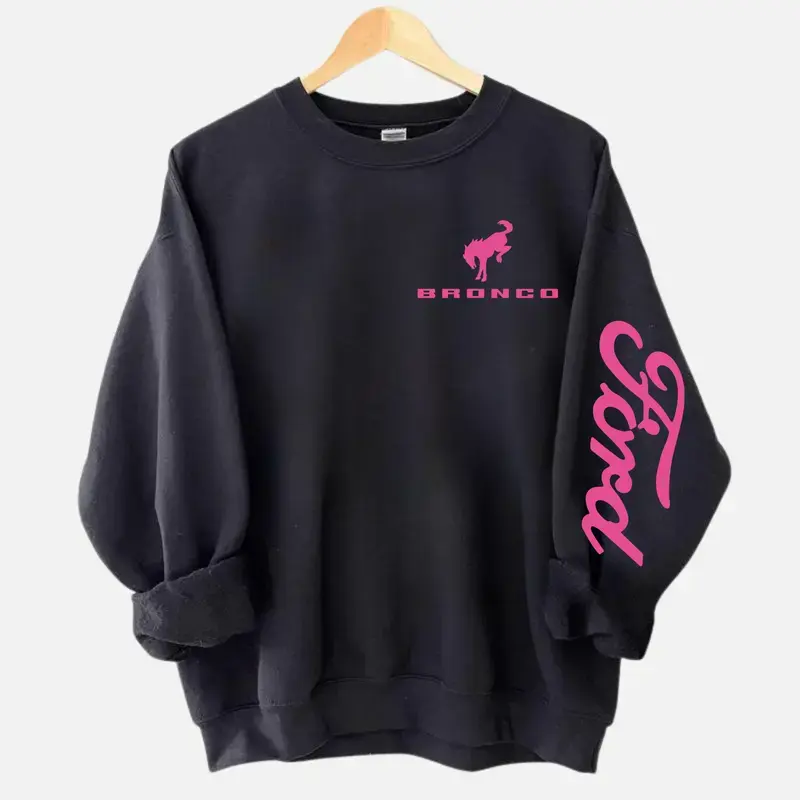 Vintage Licensed Ford Bronco Pink with Logo in Hand Sweatshirt, Retro Off Road Racing Graphic Crewneck, Truck Lover Graphic Crewneck