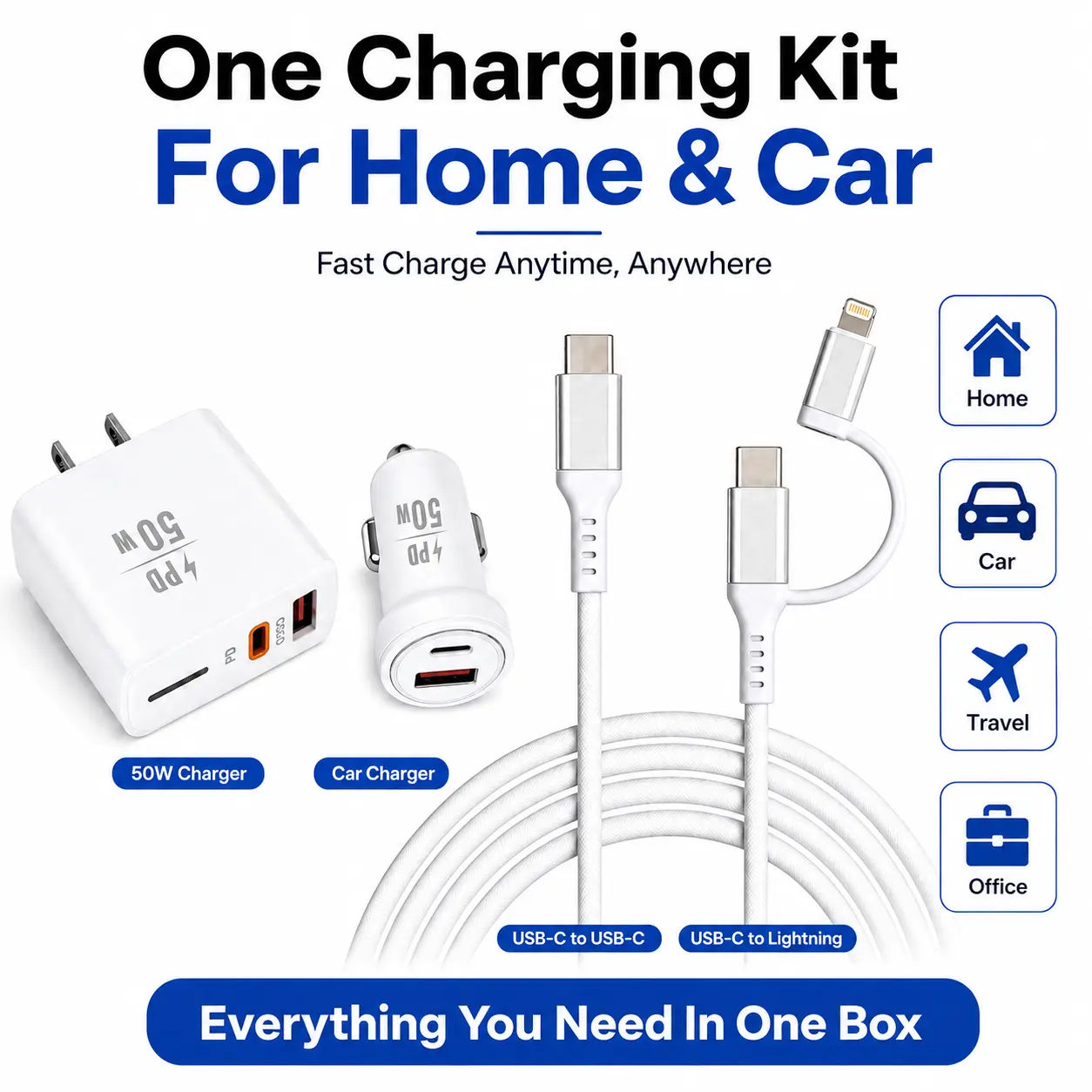 3-in-1 Fast Charging Bundle | 50W PD Wall Charger, Dual Port Car Charger & USB-C to Lightning Charging Cable