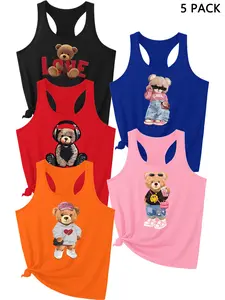 Summer Trendy Vest Set, Bear Print, Outdoor Sports, Navy, 5 Pcs, Casual Fitted, All Seasons, Yoga Top
