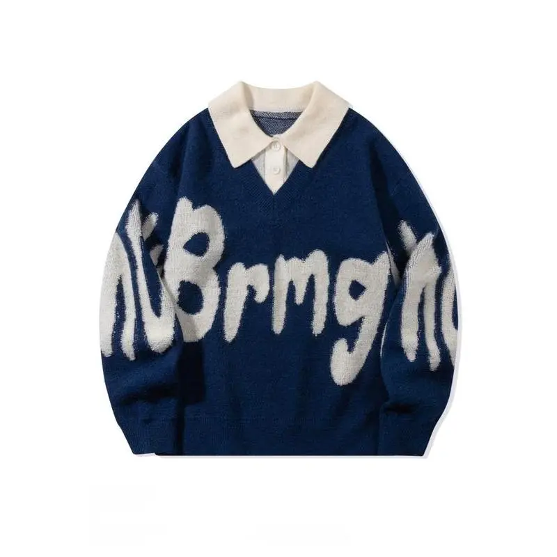 Men's Letter Print 2-in-1 Collar Knitted Sweater - Baggy Oversize Long Sleeve Button-Front Tops for Spring & Fall, Casual Fabric Knitwear for Daily Sports Outerwear
