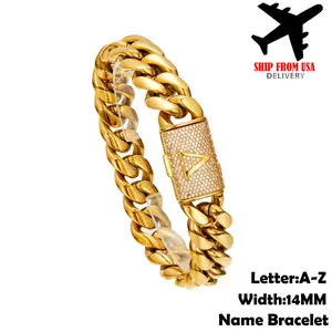 14MM Name Bracelet Letter A-Z Jewelry For Men Stainless Steel 18K Gold Plated Hip Hop Miami Cuban Link Chain Jewelry For Gift