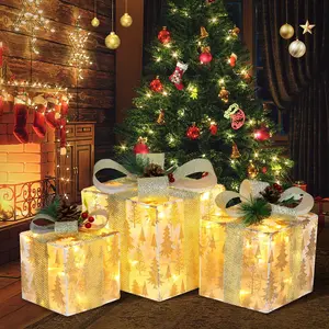 Lighted Christmas Gift Boxes Set of 3 Nesting LED Decor with Metal Frame for Yard Home Holiday Decor Gift for Her