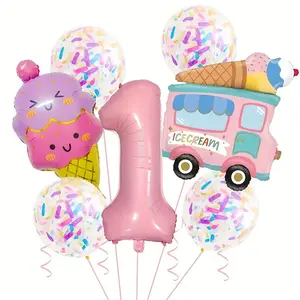 7-Piece Ice Cream Theme Number Balloons Set, 32-Inch Numbers, Party Decor for Girls Birthday, Summer Pool, Outdoor Picnic