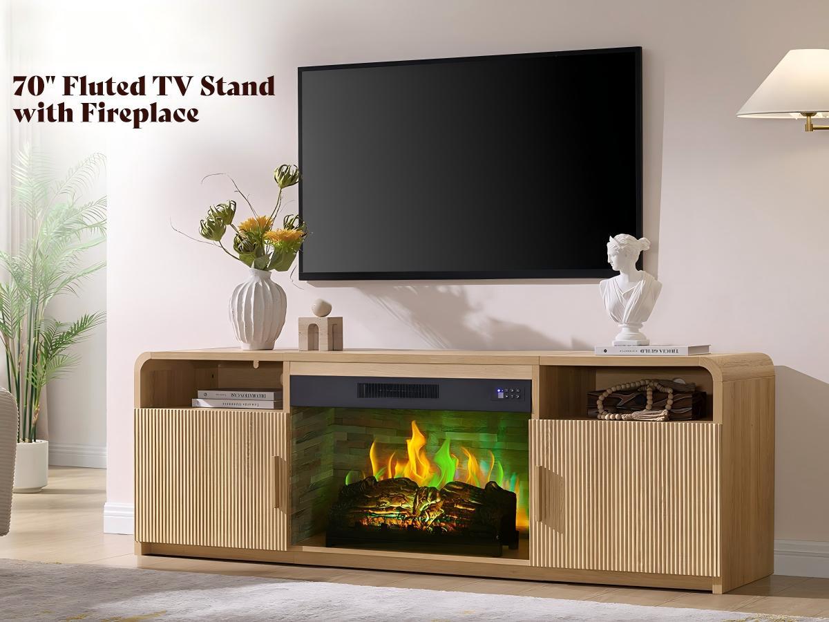 ALBOTT 70" Fluted Fireplace TV Stand, TV Console with 30" Electric Fireplace, Modern Living Room Entertainment Center, Fits TVs up to 80", Storage Cabinets, Rounded Edges[tiktokshopbacktoschool][SohoChic]