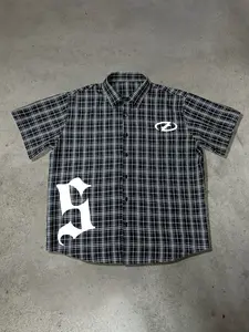 Men's "Los Angeles" Plaid Button Up Shirt | Y2K Streetwear Short Sleeve Shirt with Black & White Plaid, "Los Angeles" Back Print & Gothic Number 9/5 Graphic | Retro Street Style for Gen Z Guys & Streetwear Enthusiasts