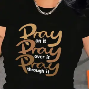 Women's Pray Letter Print Round Neck Short Sleeve 100% Cotton T-Shirt, Pray On It Pray Over It Pray Through It Graphic Tees Women Tops