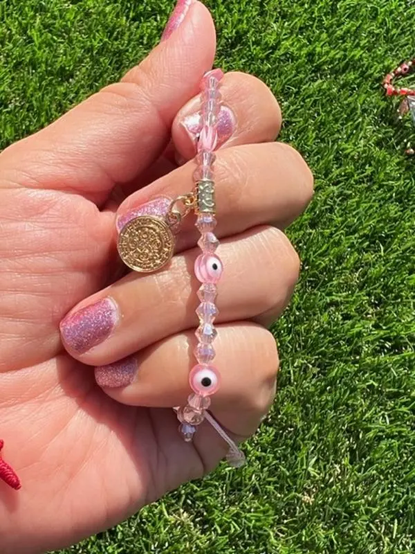 San Benito and evil eyre rose pink beaded bracelet