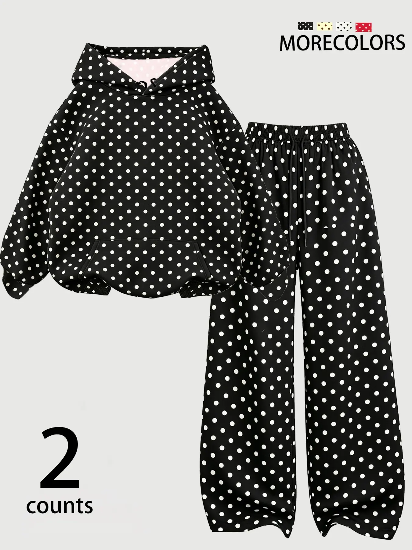 Polka Dot Hoodie Set, American Retro Casual Two-Piece Set, Loose Short Hoodie + High-Waisted Wide-Leg Pants, Fall & Winter Fashion