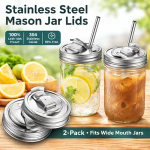 2 Pack Stainless Steel Wide Mouth Mason Jar Sip Lids – Leak Proof Flip Cap Cover, Airtight Drinking Accessories for Mason Jars (Jars NOT Included)