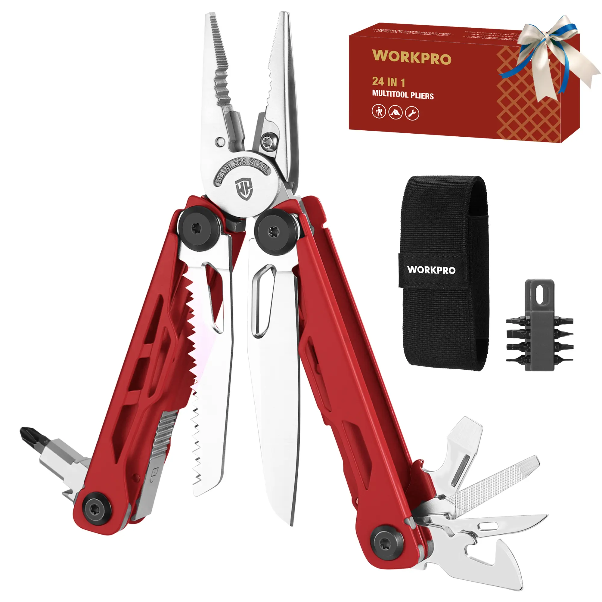 #Summersales WORKPRO 24-in-1 Mutitool, Stainless Steel Multitool Pliers with Pocket Knife and Screwdrivers, EDC Self-locking Multi Tool with Sheath, Belt Clip for Outdoor Activities, Gifts for Men