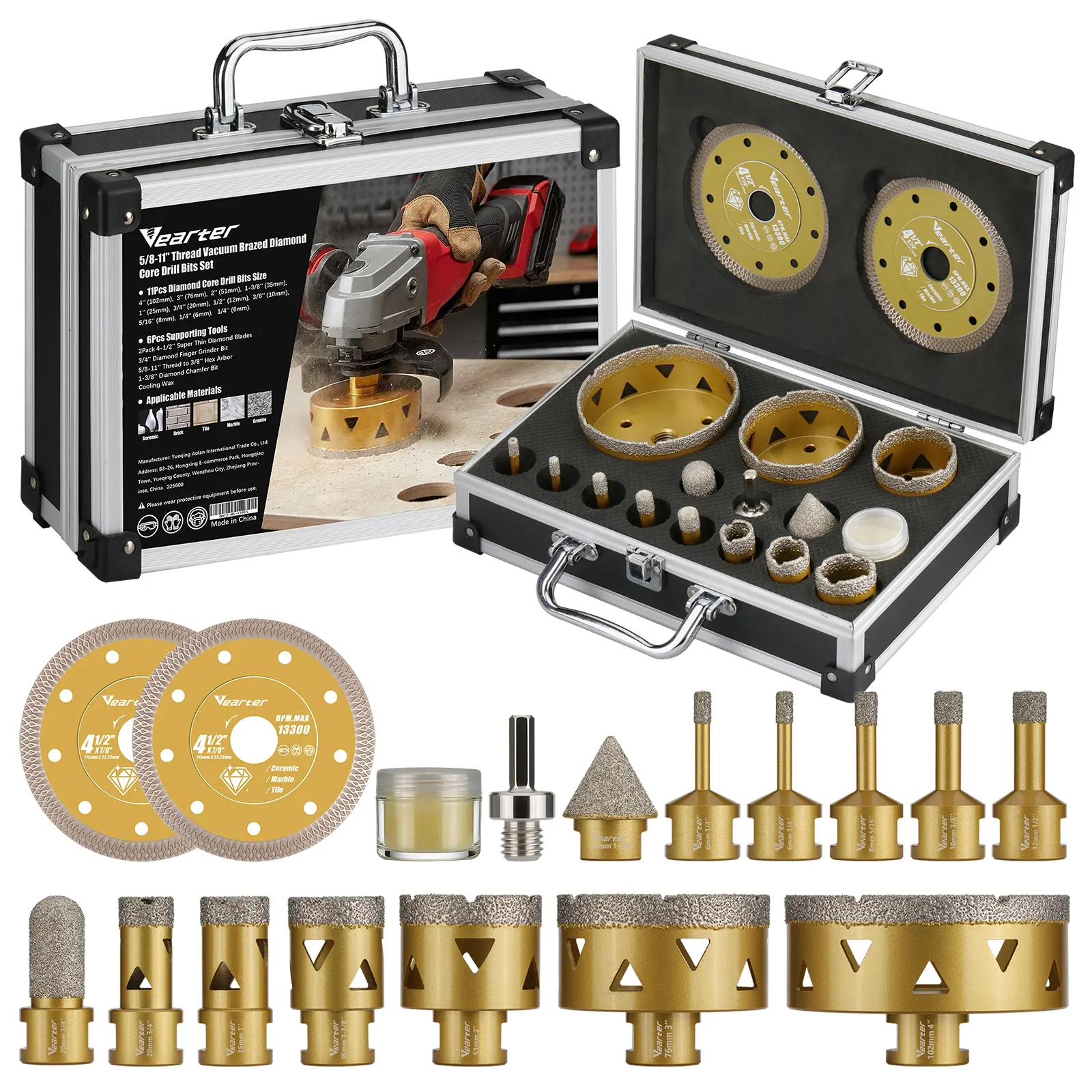 Vearter Multi-Size 17PCS Vacuum Brazed Diamond Core Drill Bit Set, 5/8"-11 Thread Tile Hole Saw Kit with 2Pcs 4.5" Cutting Blades & Hex Shank, for Contractors to Eject Holes, Fits 115mm Angle Grinder & Electric Drill (Ceramic, Marble, Granite)