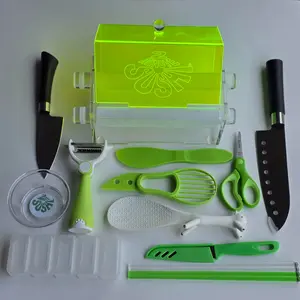 2 Minute Sushi Maker Green & White Design Compact Efficient for Quick Sushi Rolls Dishwasher Safe Easy Assembly & Compact Storage Kitchen Utensils Machine with Avocado Tool and 5 pc Bento Box Mold, 14 Pieces, Acrylic Parts