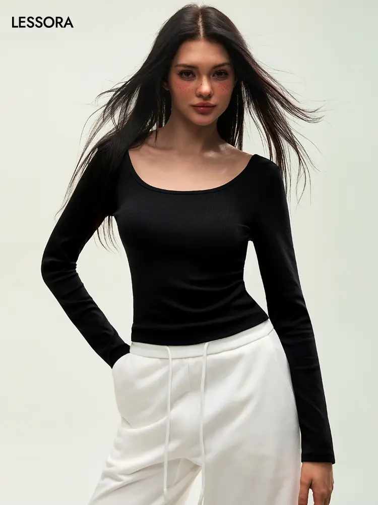 LESSORA Women's Cotton Ribbed Long Sleeve Crew Neck Open Back Top