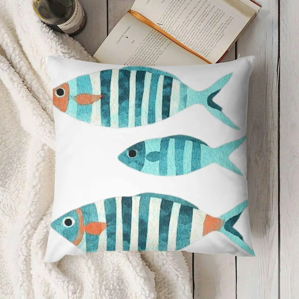1 Double-sided Humorous Fish Print Pillow | Soft plush with zipper, bright sky blue and orange, made of polyester, suitable for sofas, home offices, decorative elements