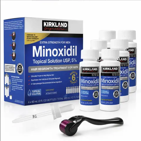Kirkland Signature 5% Minoxidil Topical Solution for Hair Growth - 6-Month Supply with Precise Dropper Applicator, Unisex Adult Daily Care, Thickening Enhancer, Damage Repair for Curly Hair