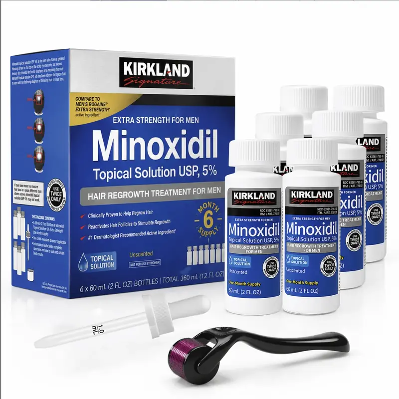 Kirkland Signature 5% Minoxidil Topical Solution for Hair Growth - 6-Month Supply with Precise Dropper Applicator, Unisex Adult Daily Care, Thickening Enhancer, Damage Repair for Curly Hair