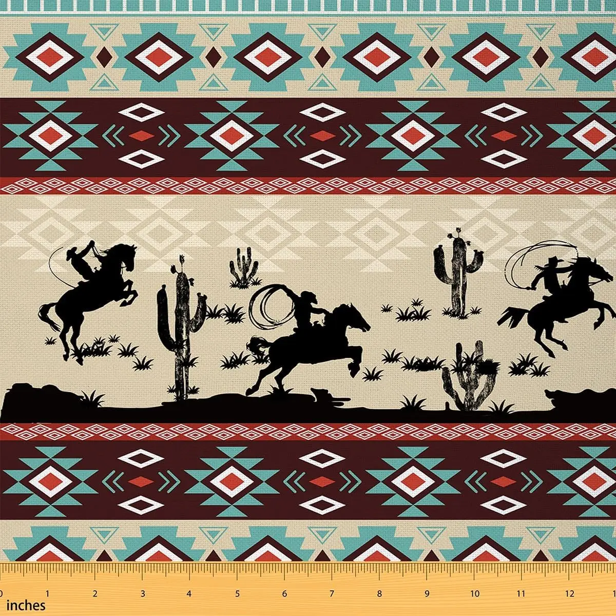 Feelyou Waterproof Stain-Resistant Yellow-Red Western Print Upholstery Fabric - 1 yd Tribal Fabric with Galloping Horse, Cowboy Motifs, Bohemian Ethnic Pattern for Indoor Cushions, Home Decoration
