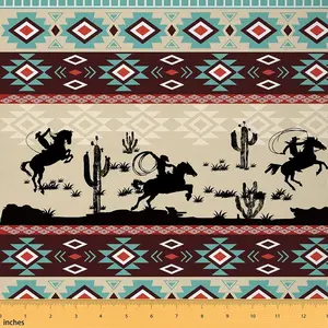 Yellow Red Western Upholstery Fabric,1 Yard,Southwestern Fabric by The Yard,Galloping Horse Western Cowboy Geometric Tribal Waterproof Fabric