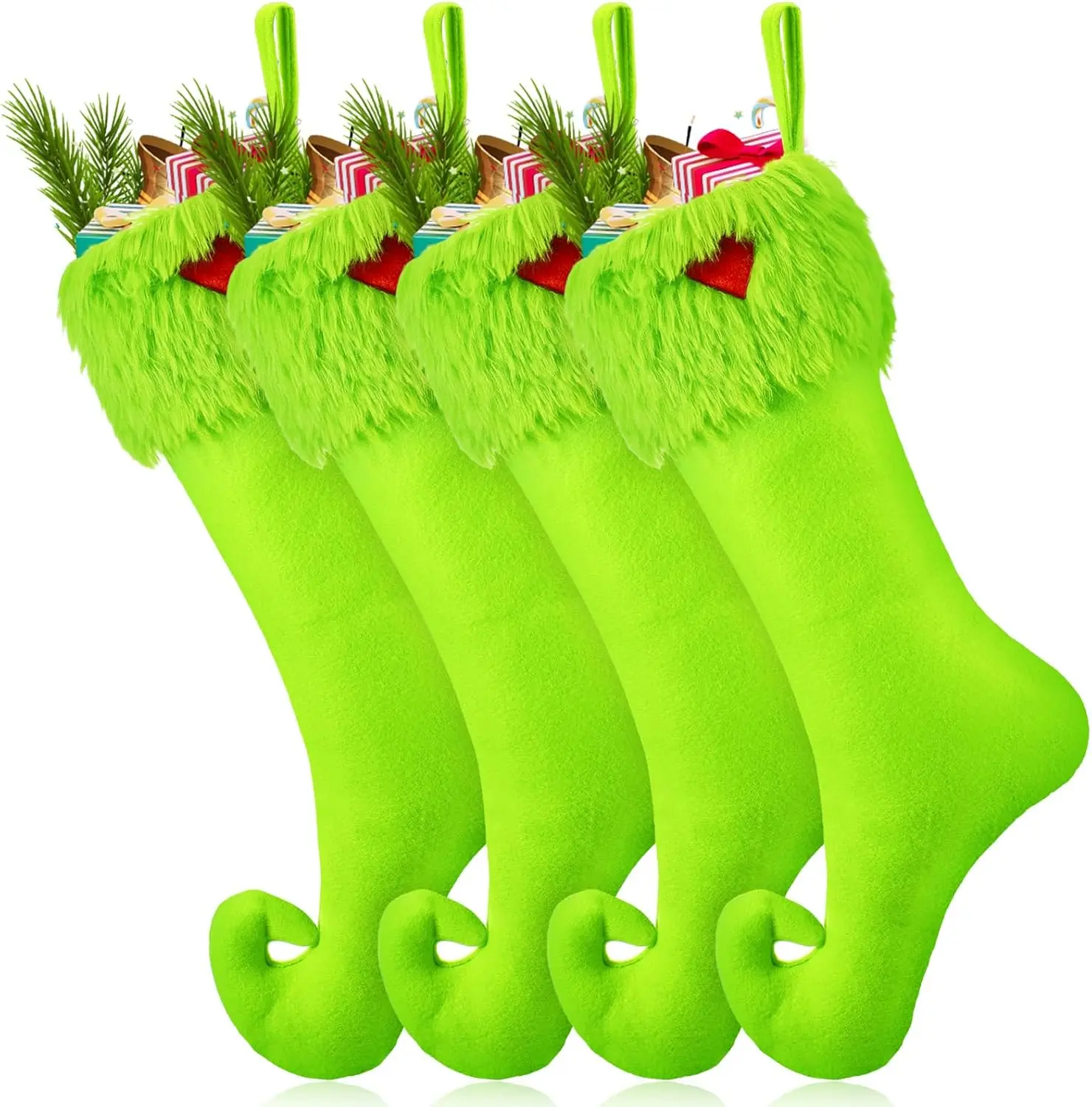 4 Pcs 19 inch Christmas Stockings Green Faux Fur Xmas Stockings Hanging Green Christmas Stockings Treat Bag Candy Pouch Holder Fireplace Hanging Decor for Xmas Holiday Family Party