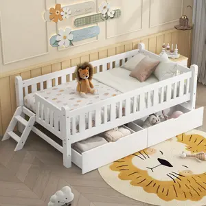 Twin Size Platform Bed with Guardrail and 2 Drawers, Solid Wood Bed Frame with Slats, No Box Spring Needed