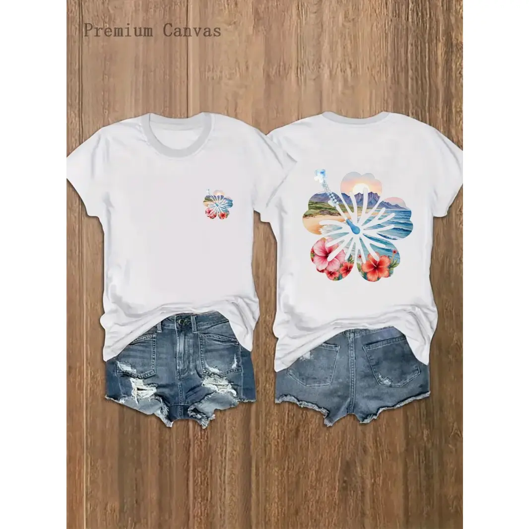 Womens Cotton Short Sleeve Graphic Tee Hibiscus Flower Beach Sunset Print Casual Summer Vacation Top Soft Breathable Lightweight Everyday Streetwear Outfit