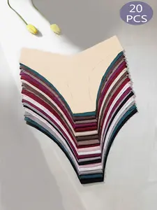 20-Pack Women's Plain Thong Underwear, Soft Breathable Seamless G-Strings, Mid Waist Asymmetrical Style, All Season Casual Wear
