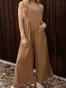 Brown Striped Pleated Wide Leg Pocketed Jumpsuit