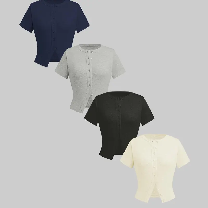 Women's solid color round neck ribbed knitted short sleeves basic daily