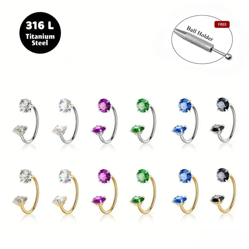 6pcs Value Pack 316L titanium steel 18G 1.0mm Horseshoe Nose Hoop Internally Threaded Gems Nose Ring - Nose Piercing Jewelry for Women, with Free Ball Holder & Guiding tube #Nose stud
