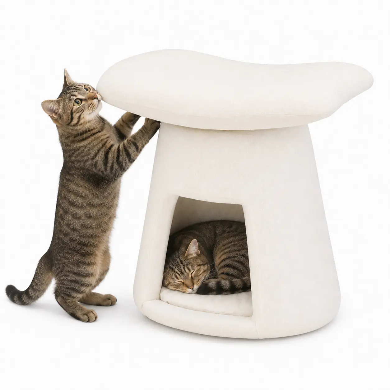 Mushroom Cat House Ottoman Stool, Human & Cat Dual Use Furniture, Indoor Enclosed Cat Cave Hideaway Bed, Soft Upholstered Entryway Shoe Bench Foot Rest for Small Cats
