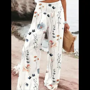 Women's Patchwork Print Elastic Waist Wide Leg Pants, Boho Casual Trousers for Beach Vacation Holiday, Ladies Bottoms for All Seasons, Preppy 80s Clothes Womenswear Comfort Baggy Wideleg Bohemian Loose Floral Multicolor4