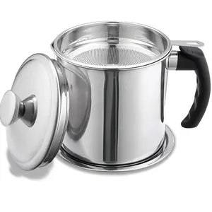 304 Stainless Steel Filter Oil Jug Large Capacity Leak-Proof, Bacon Fat Container with Filter, Lid Pot Fat Storage, Easy Grip Handle, Fine Mesh Strainer