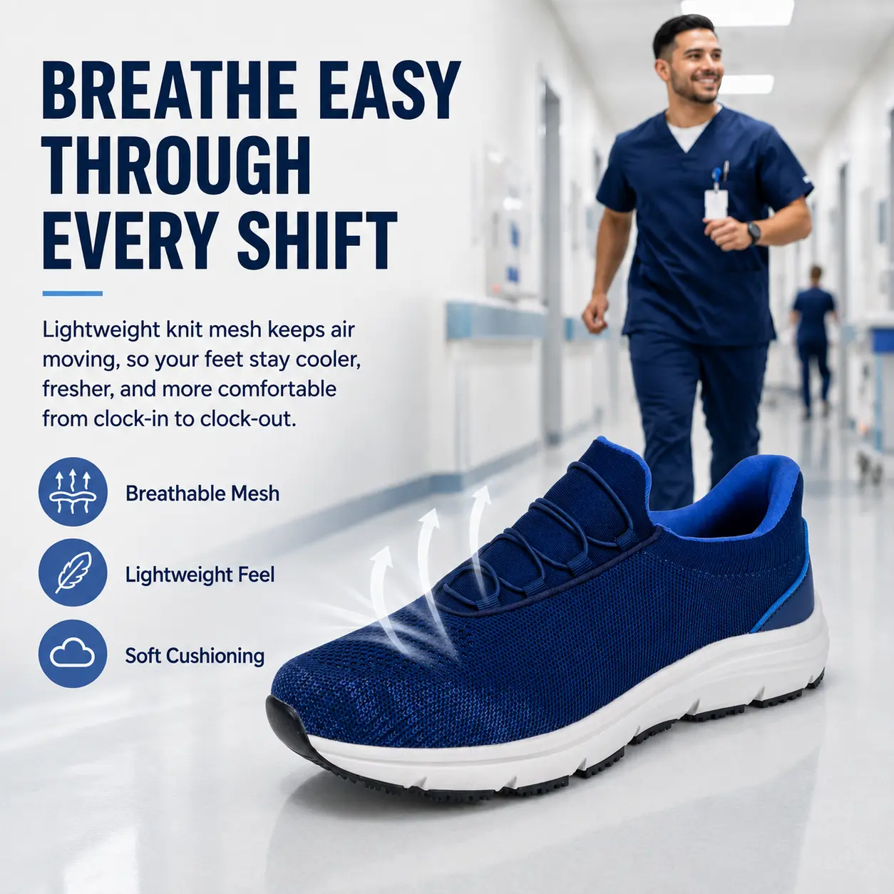 Men's Breathable Fly Knit Slip-On Casual Trainers - Flexible Heel, Shock-Absorbing MD Midsole, Non-Slip Rubber Outsole, Lightweight Sneakers for Nurses, Commute