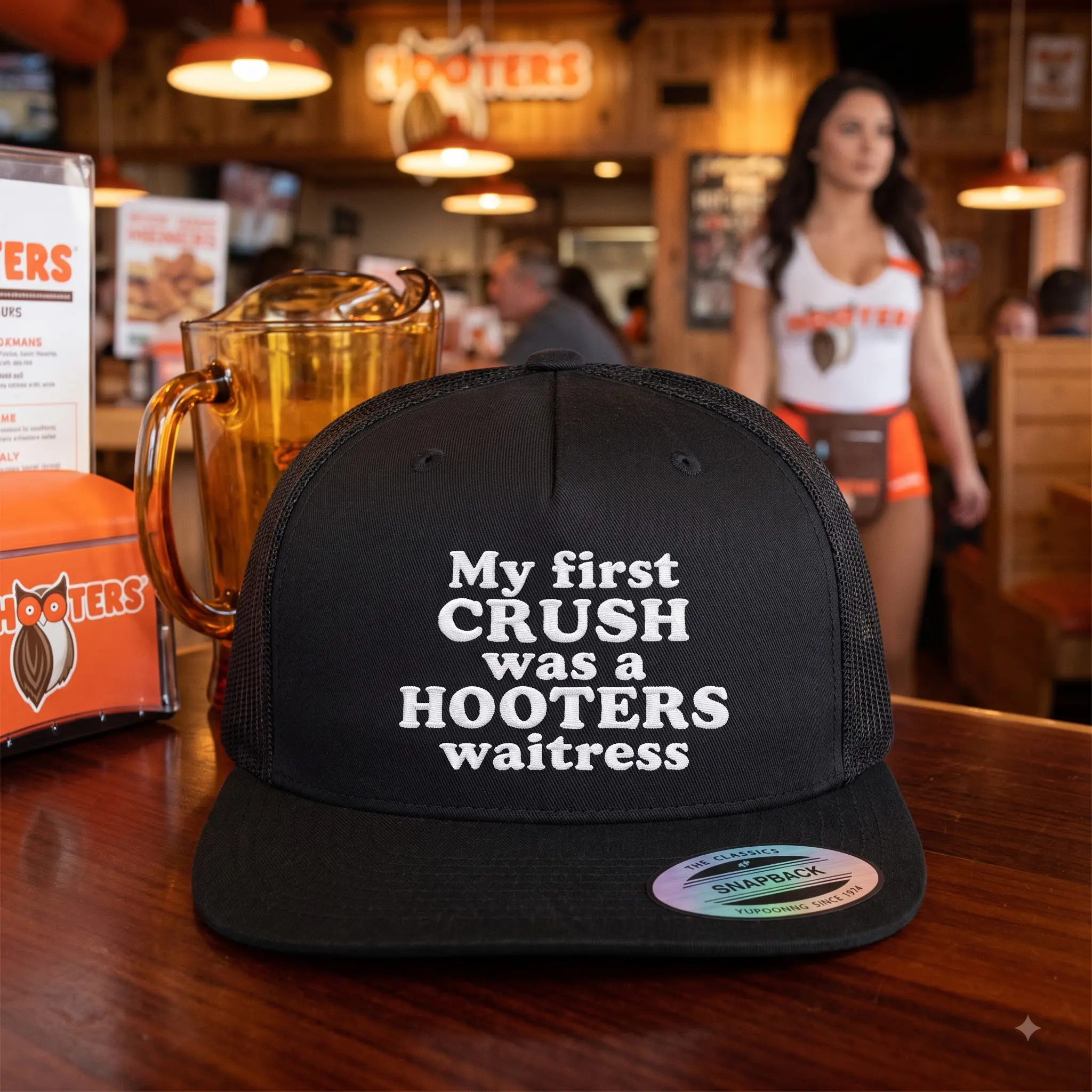 My First Crush Was A Hooters Waitress Funny Hat, Sarcastic Introvert Cap, Anti Social Dad Hat, Unisex Adjustable Baseball Cap, Humor Quote Casual Streetwear Hat