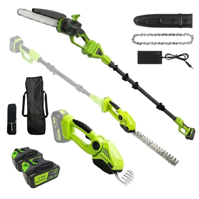 6-In-1 Cordless Garden Tool Set - Grass Trimmer, Hedge Trimmer, 14ft Extendable Pole Chainsaw for Tree Limbs, 1-Hand Control, 2hr Run Time, Auto Oiling, Cutting Function