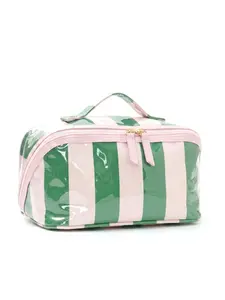 Striped PVC Cosmetic Bag Large Capacity, Waterproof Portable Travel Toiletry Bag, Single Handle Lightweight Makeup Organizer, Trendy Spring Summer Women Travel Storage Pouch, Travel Essentials