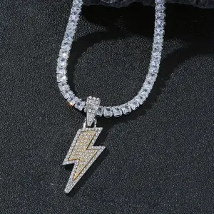 Icy Hip-Hop Blue and White Rhinestone Lightning Bolt Pendant Cuban Chain - Suitable for Streetwear, Music Festivals, Halloween, Graduation and Year-round Wear, Rock Style Accessories, Electroplated Finish