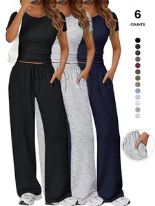 Women's 2 Piece Casual, Short Sleeve Crop Top & Drawstring Wide Leg Pants, Fitted Long Sleeve Loungewear for All Seasons
