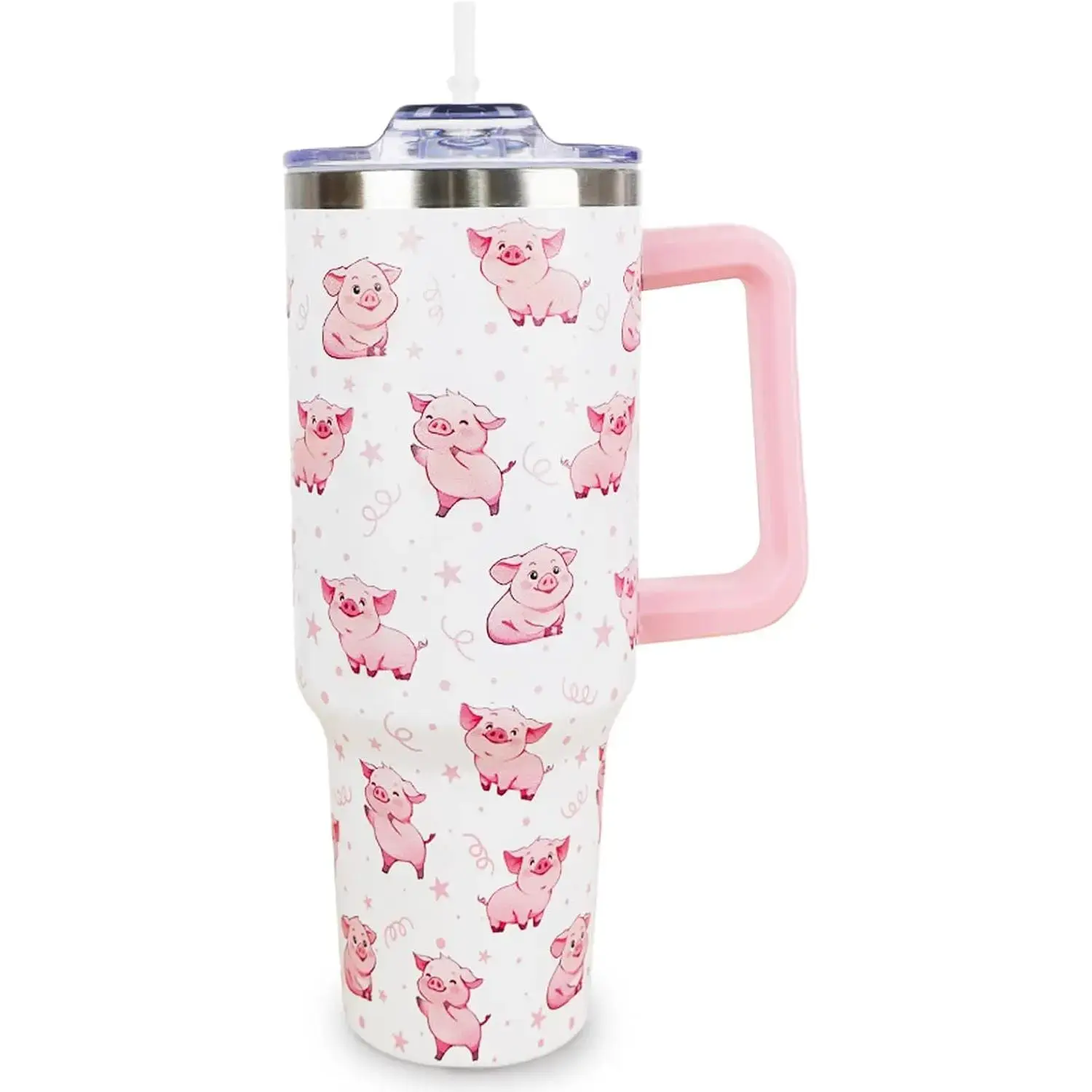 40 Oz Portable 304 Stainless Steel Anti-Leak Vacuum Flask - Pink Pig 2-in-1 Beverage Bottle with Plastic Lid, Handle, Straw, 40 Oz Tumbler, Coffee Mug, Cute Kitchenware - Unique Gift for Pig Lovers - Travel Use