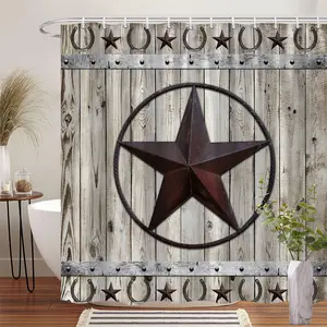 1Pc Rustic Star Shower Curtain Western Cowboy Theme Vintage Farmhouse Decor Polyester Fabric Bath Hanging Curtain 70.8x70.8 Inch with 12 Hooks Horseshoe Wooden Background Design