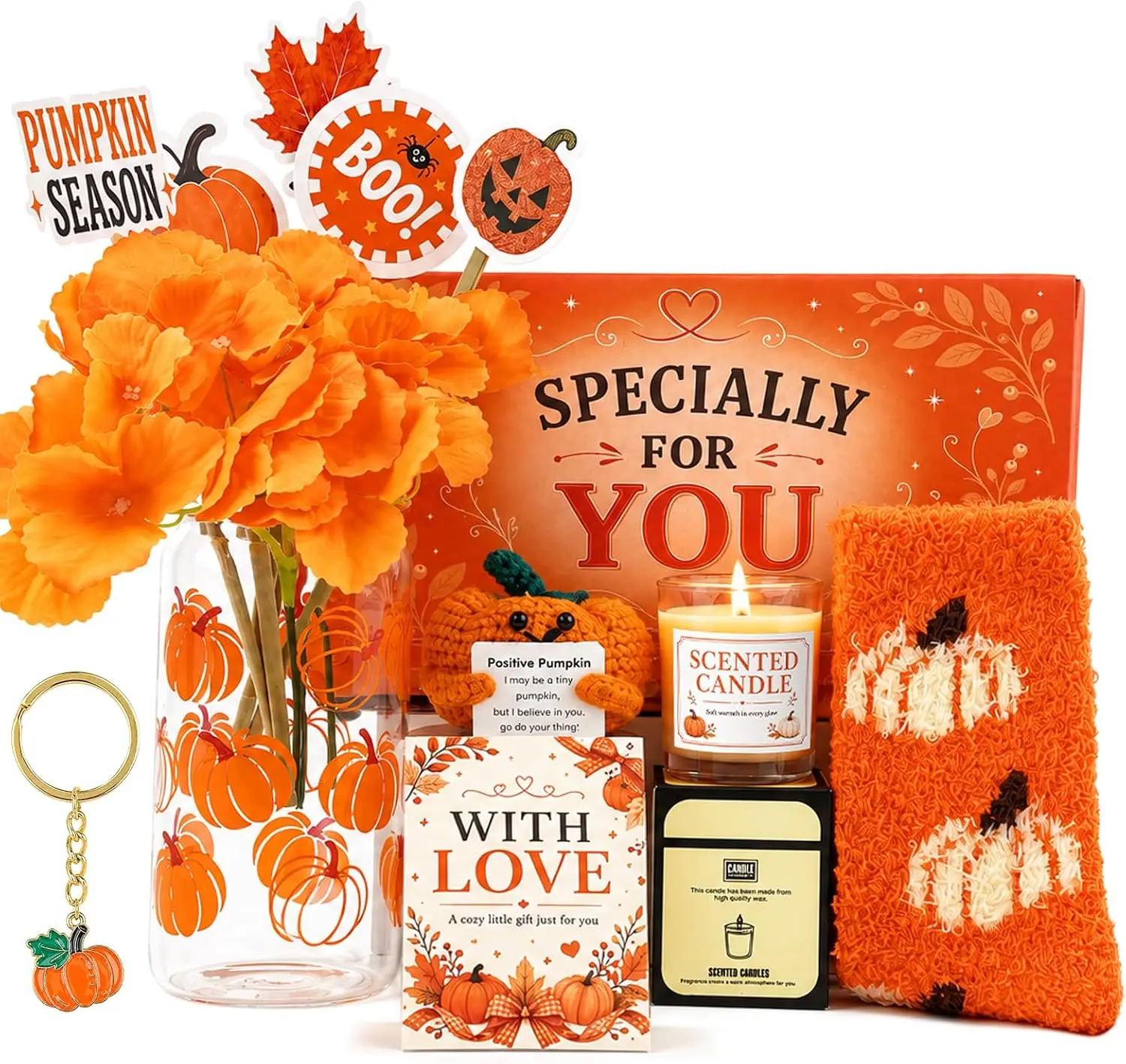 Fall Pumpkin Gift Set for Women, Autumn Care Package, Halloween Thanksgiving Gift Basket for Sister, Friend, Teacher, Ghost Basket Kit
