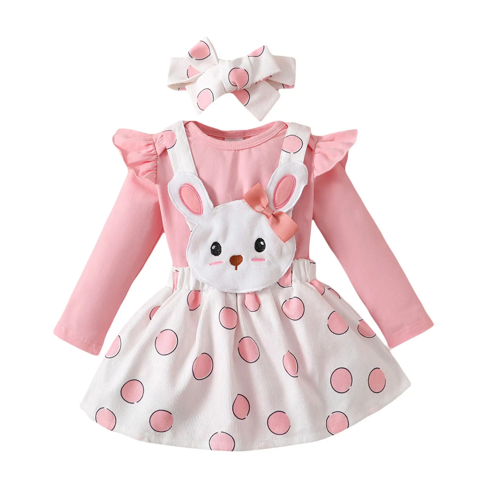Baby Girls Jumpsuits Set Ruffle Long Sleeves Romper and Casual Cartoon Bunny Suspender Skirt Headband Outfit Pink 0-3 Months