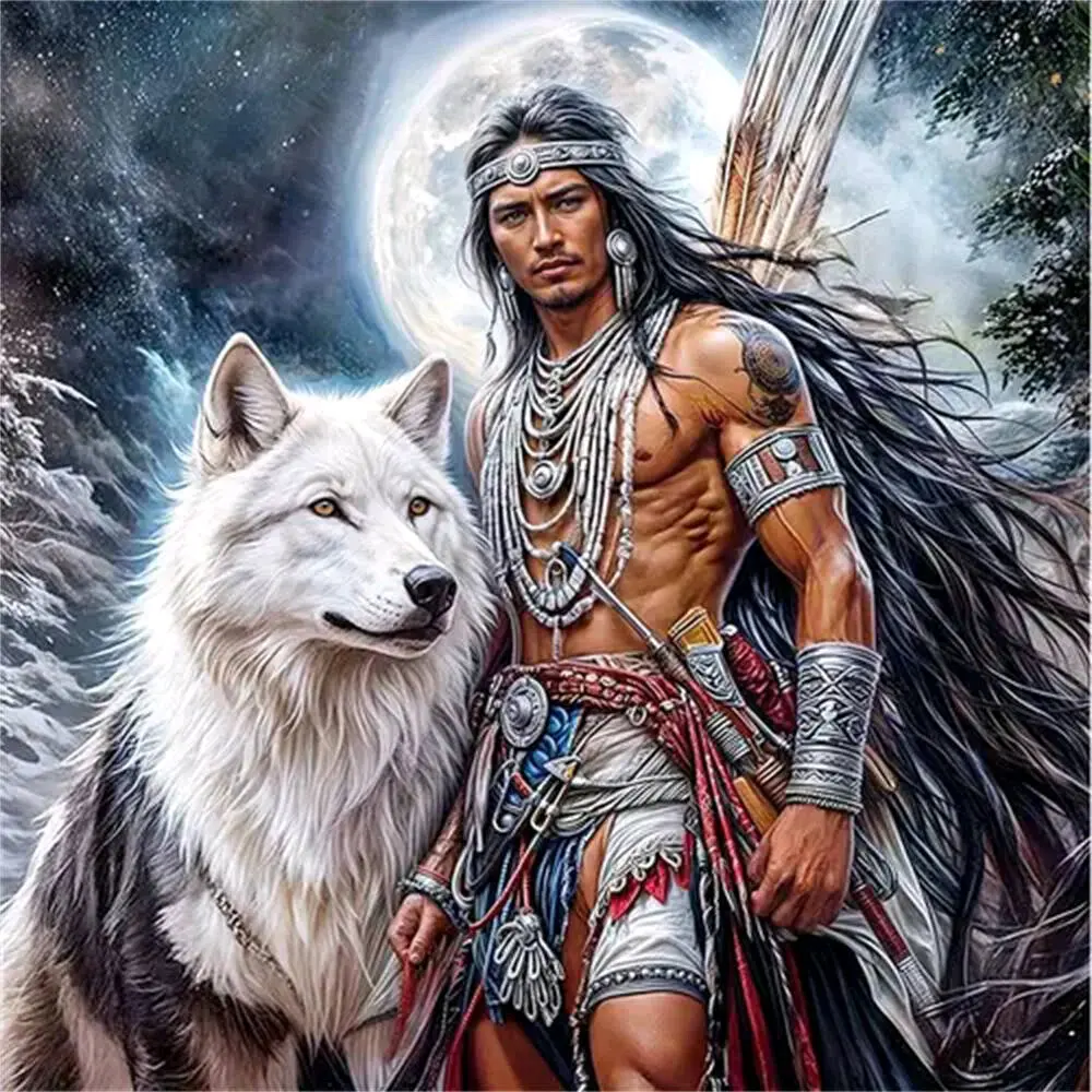 Native American Warrior with White Wolf Under Full Moon, Multiple sizes available including square and round diamonds. This 5D DIY diamond painting set diamond art embroidery kit DIY Diamond Arts Handicraft handmade furniture decor personalized art piece.
