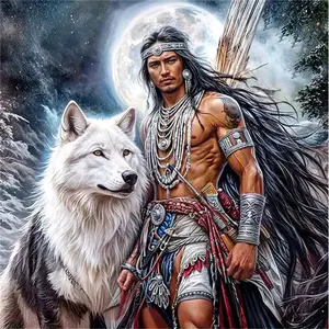 Native American Warrior with White Wolf Under Full Moon, Multiple sizes available including square and round diamonds. This 5D DIY diamond painting set diamond art embroidery kit handmade furniture decor personalized art piece.