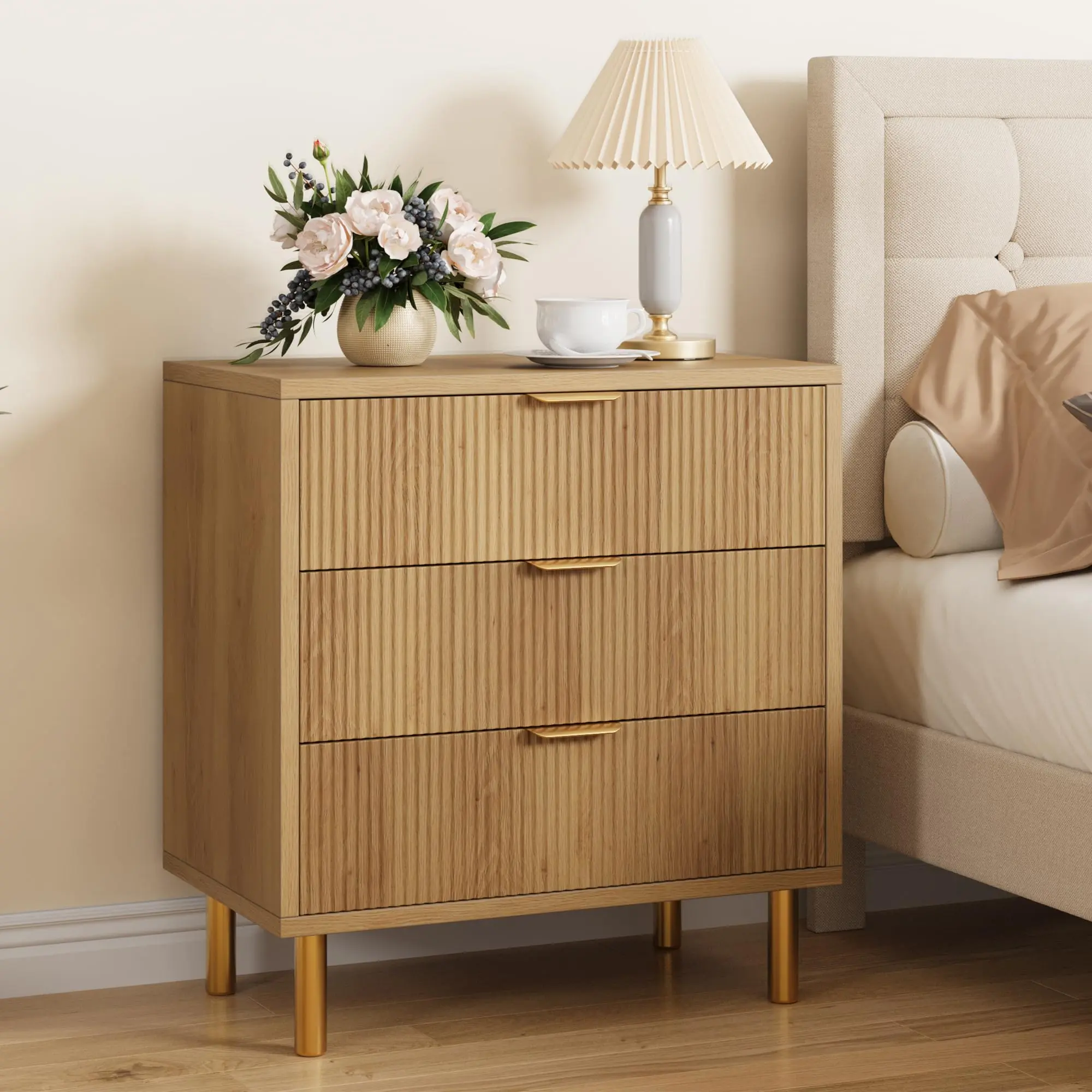 【GARVEE】Modern 3 Drawer Dresser in Walnut and Black Finishes with Gold Handles, Featuring Large Drawers and Versatile Storage for Bedroom, Living Room, Hallway, or Entryway Organization