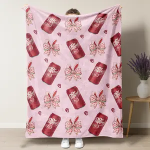 Dr Pepper Pastel Pink Easter Bunny Polka Dot Bow Cute Pattern Flannel Blanket,Soda Can & Paw Print Soft Throw, Cozy Easter Gift for Diet Cherry Strawberries & Cream Soda Lovers